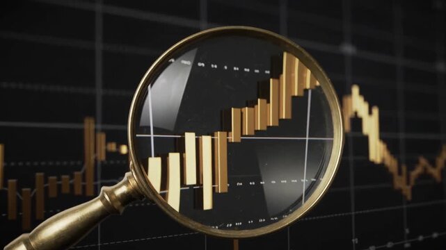 The image shows a magnifying glass focusing on a graph with vertical columns, probably reflecting financial data or stocks. The graph is located on a dark background with a grid. - Powered by Adobe