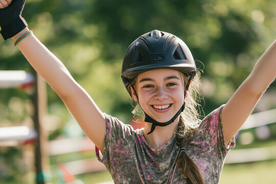 Girl celebrates success after completing a fun outdoor activity during sunny day in local park