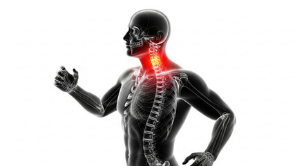 Illustration of a human body with highlighted neck pain and visible skeletal and muscular systems