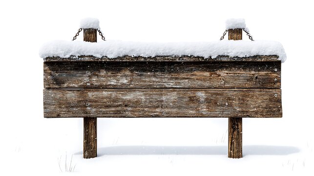 wooden signboard covered with snow isolated on white background 