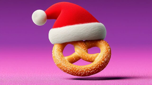 Festive pretzel adorned with a red and white Santa hat, floating against a vibrant pink background, showcasing a playful holiday spirit, camera slowly zooms in for emphasis