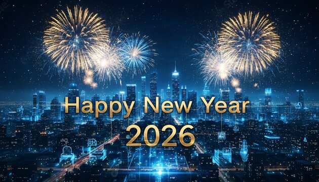 Happy New Year 2026 celebration over a futuristic city skyline.