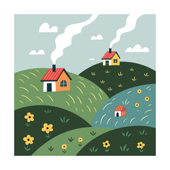 Charming cartoon illustration depicting a serene rural landscape with cozy houses nestled among rolling green hills, featuring smoke gently rising from chimneys and vibrant yellow flowers blooming und