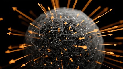 Abstract representation of a spherical network structure with glowing arrows emanating outward, symbolizing growth, progress, and interconnectedness in technology