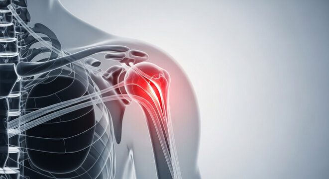 Anatomical representation of the human shoulder with highlighted pain area in a medical visualization