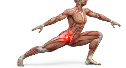Anatomical illustration of a human figure in a lunge position with highlighted hip joint area pain
