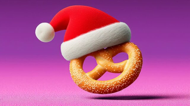 Festive pretzel wearing a red Santa hat floats against a vibrant pink background, showcasing a playful holiday theme, camera gently zooms in for emphasis on details