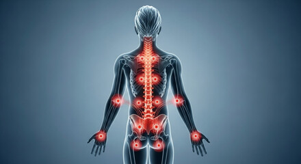 Human back view with spine and joints highlighted in red indicating pain or inflammation on blue background