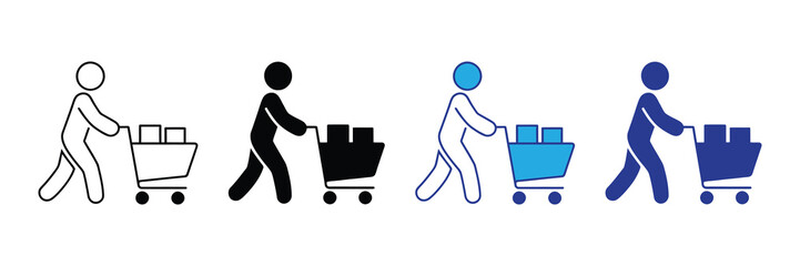 Four diverse icons depicting a person pushing a shopping cart filled with boxes, representing commerce and shopping in various styles and colors © Mahir