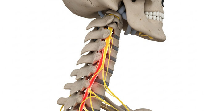 Anatomical view of the cervical spine showing the vertebrae, spinal cord, and nerve roots in detail