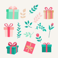 Gift boxes and floral elements in soft pastel colors