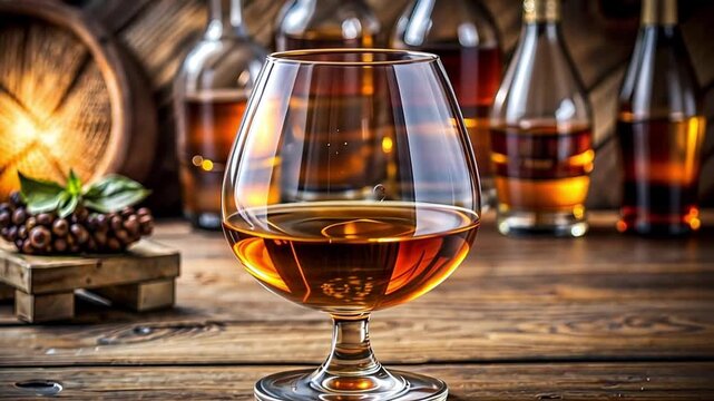 A glass of aged cognac or brandy on a rustic wooden table. Close-up of a luxury amber spirit in a snifter. Sophisticated bar setting for tasting