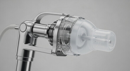 Close up of a medical device with a clear plastic chamber and metallic components on a neutral background