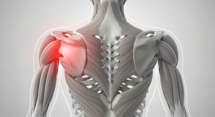 Anatomical illustration of the human back with emphasis on the shoulder and associated pain area highlighted
