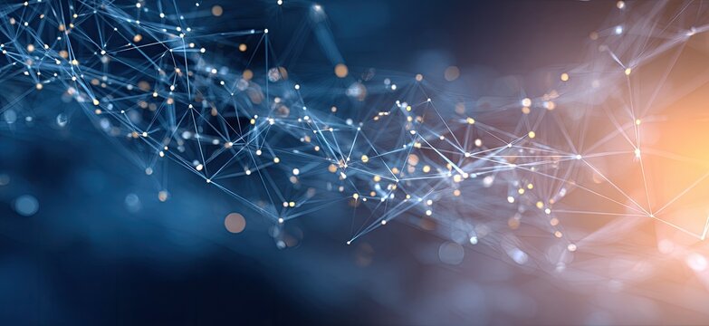 A digital rendering features a network of connected nodes with light accents and a blurred gradient