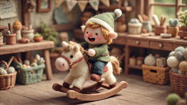 Cheerful Elf on a Rocking Horse in a Cozy Craft Workshop Full of Crafting Materials and Charm