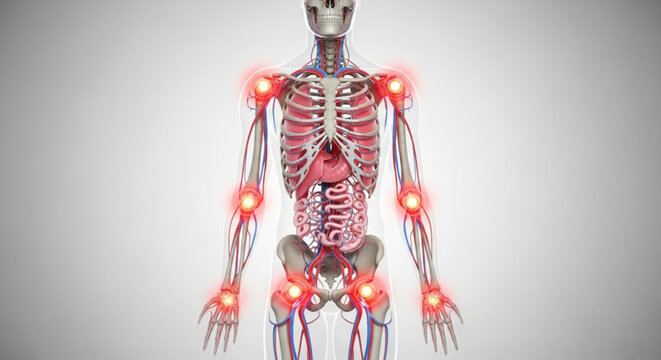 Anatomical representation of human skeleton with illuminated joints indicating pain areas shown in detail