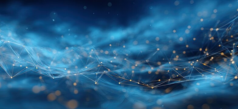 Abstract blue and gold network with blurred lines and connected nodes. Technology and connection