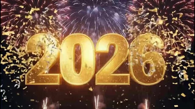 Happy New Year 2026 celebration. Gold confetti and fireworks. Shiny golden numbers. New Year's Eve background. Vector illustration for holiday greeting card.