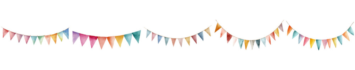 Obraz premium Watercolor festive bunting flags in colorful decorative garland for celebration isolated on transparent background