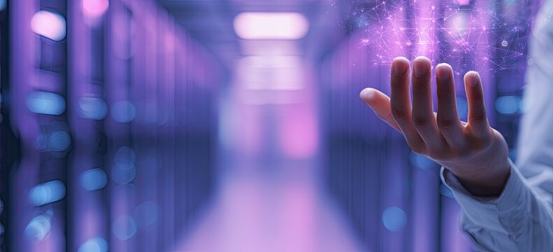 A hand reaching towards a glowing network of lights in a server room