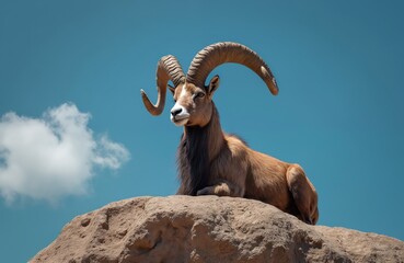 Obraz premium Wild Markhor male rests on big desert rock under clear blue sky. Majestic mountain goat with huge spiral horns watches territory. Animal looks calm, peaceful in natural habitat, endangered species in