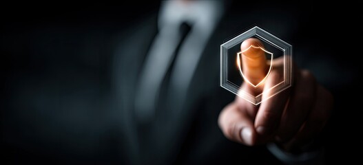 A businessperson's finger pointing at a glowing shield symbol against a dark background