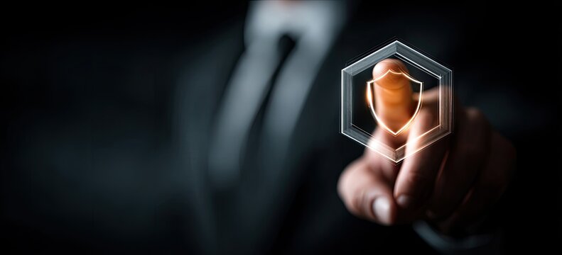 A businessperson's finger pointing at a glowing shield symbol against a dark background