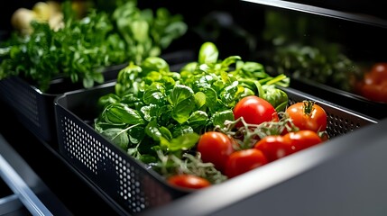 Fresh organic vegetables in refrigerator drawer, including vibrant red tomatoes and green leafy herbs, showcasing healthy food storage.