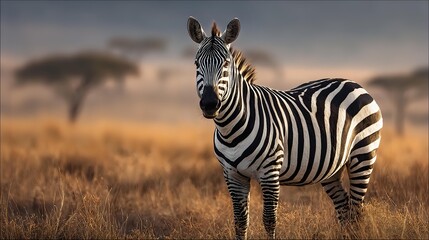 Naklejka premium Zebra standing in golden savanna grass during sunset with acacia trees in background on African plains.