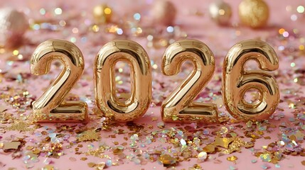 Golden 2026 number balloons on pink background with glitter and confetti, festive celebration decoration for New Year party.
