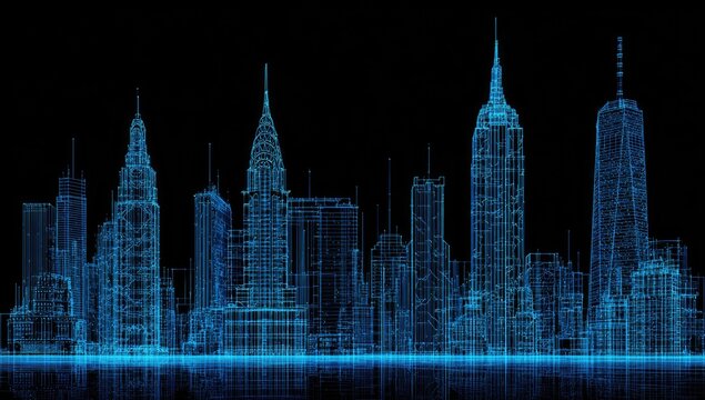 Glowing skyline, blue lines outlining city buildings against dark background