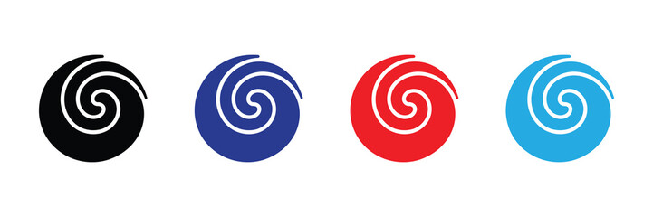 Four swirling abstract icons in black, blue, red, and cyan, representing motion, flow, and creative energy on a white background.