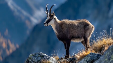 Chamois mountain goat standing on rocky cliff edge against dramatic blue mountain backdrop in natural alpine habitat.