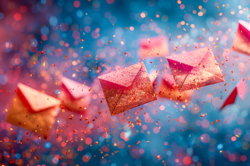 Flying envelopes sending festive celebration messages with confetti
