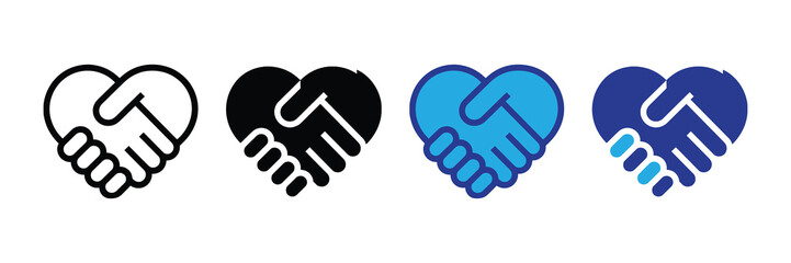 Heart handshake icons representing unity, support, kindness, partnership, agreement, and love in business, charity, and personal relationships.
