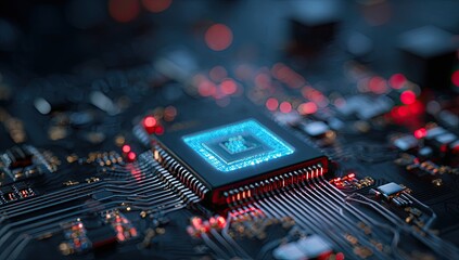 Macro shot of a computer chip with glowing blue square and red bokeh lights, technology concept