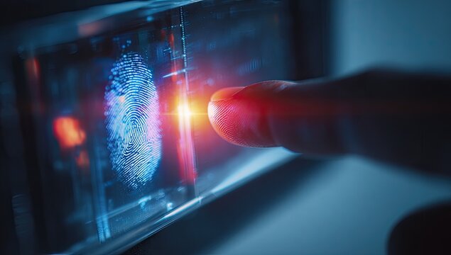 Close-up view of a finger scanning a biometric device with a digital fingerprint glow - Powered by Adobe