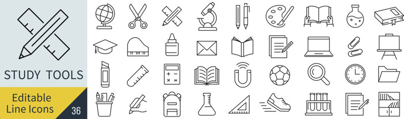 線の編集ができる学用品に関するアイコンセット（アウトライン化していない）
