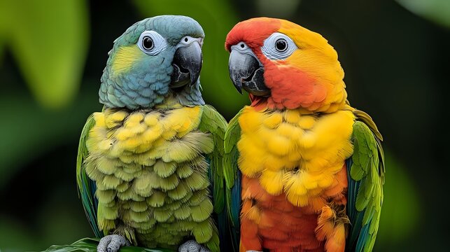 Colorful pair of parrots with vibrant plumage, blue-headed green parrot and red-headed yellow parrot perched together against blurred natural background.