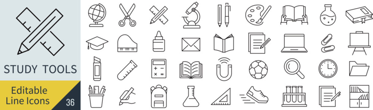 線の編集ができる学用品に関するアイコンセット（アウトライン化していない）
