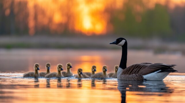 Canada goose swimming with goslings at sunset
