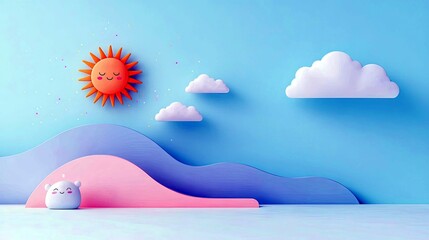 A whimsical 3D illustration featuring a cheerful cartoon sun with closed eyes and a smiling face, surrounded by fluffy white clouds against a vibrant blue sky.