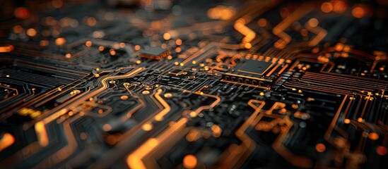 A close-up view of a circuit board with orange and yellow illuminated pathways