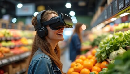 Young woman wears VR headset in grocery store choosing fresh fruits. Future shopping experience with virtual reality technology, modern retail concept.