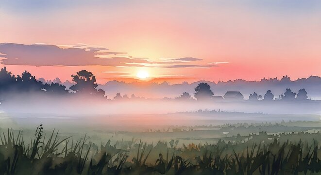 Tranquil dawn landscape shrouded in mist, rural serenity concept artwork
