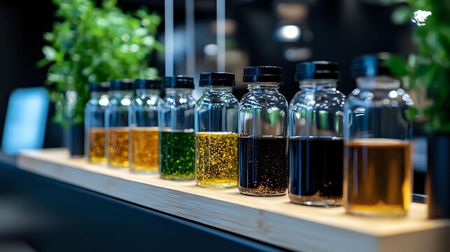 Row of glass bottles containing various colored liquids, herbs, and spices on illuminated shelf display in modern bar or restaurant setting. - Powered by Adobe