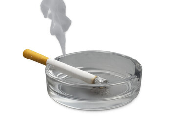 Smoking cigarette resting in an ashtray with smoke rising, symbolizing addiction, unhealthy habits, and tobacco use on transparent background