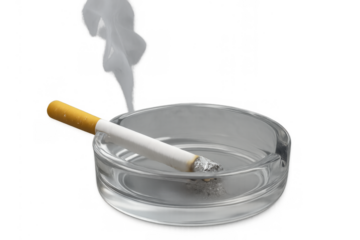 Smoking cigarette resting in an ashtray with smoke rising, symbolizing addiction, unhealthy habits, and tobacco use on transparent background