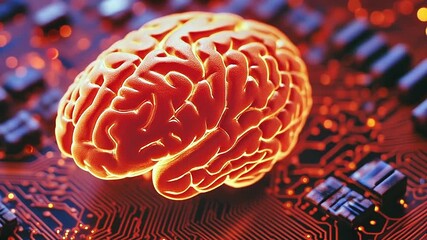 A glowing 3D brain positioned over a computer circuit board. Artificial intelligence and machine learning concept. Futuristic animation of a neural network and data processing - Powered by Adobe